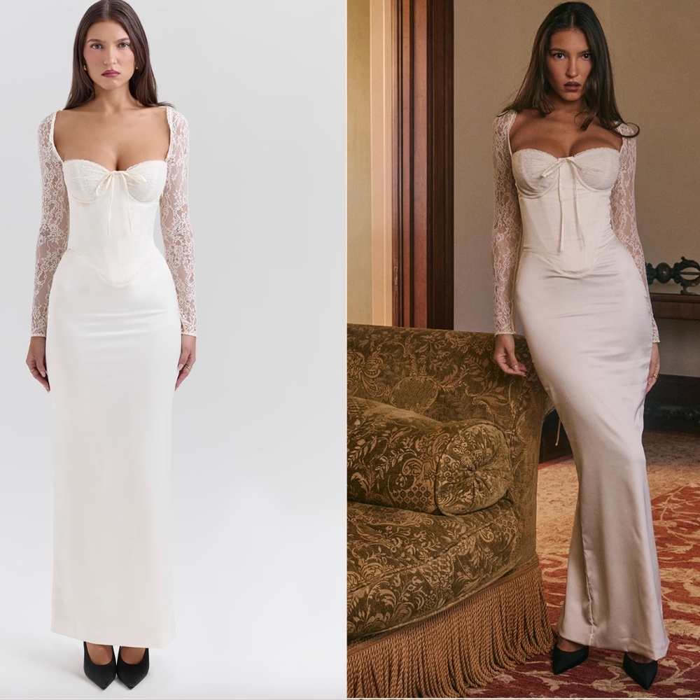 House of CB Ivory Lace-Sleeve Maxi Dress